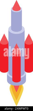 Rote Weltraumrakete startet mit Feuer- und Rauchspur, isoliert auf weißem Hintergrund, in isometrischer Ansicht Stock Vektor