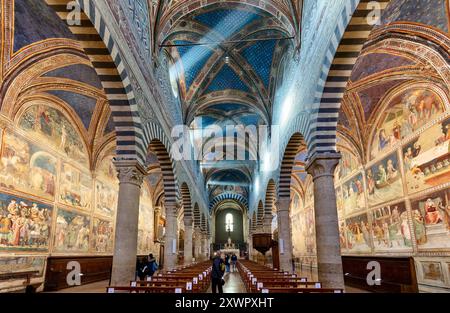 Das Innere mit Fresken der Collegiata di Santa Maria Assunta, des Duomo di Santa Maria Assunta, der mittelalterlichen Stadt San Gimignano, der Toskana Stockfoto