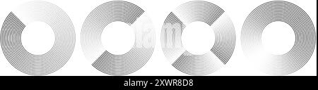 Runde geometrische Streifen. Abstrakte kreisförmige Gradientenlinien, minimalistische Zen-Muster-Kreise und radiale Bewegungsgeschwindigkeitslinien. Vektor des Rotationseffekts Stock Vektor