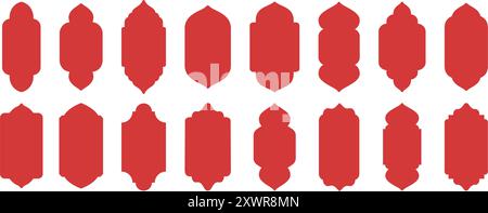 Arabische Fensterformen. Vintage islamische Architekturbogenetiketten, orientalisch verzierte Umrandung und traditionelle östliche Fensterrahmen-Silhouetten flach Stock Vektor