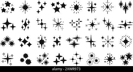 Glitzernde Silhouetten mit Doodle-Star-Glitzer. Schwarze Starburst, strahlende Form und funkelnde Symbole. Magischer Glitzer, glänzender Funken oder leuchtender Stern Stock Vektor