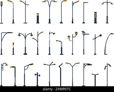 Stadtbeleuchtung im Freien. Straßenlaterne, Straßenbeleuchtung und Parklaternen. Moderne und Vintage Straßenlaternen isolierter Vektor Stock Vektor