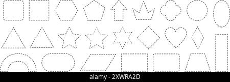 Strichlinienrahmen. Gestrichelte Umrissform, Linienrahmen für Coupon- oder Gutscheindesign. Grundlegende geometrische Quadrat-, Rechteck-, Kreis- und ovale Formen und Stock Vektor