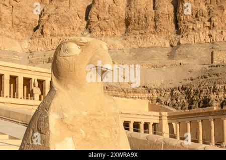 Diese beeindruckende Skulptur von Horus, dem falkenköpfigen Gott, ziert den Eingang zum Leichentempel der Königin Hatschepsut in Luxor. Stockfoto