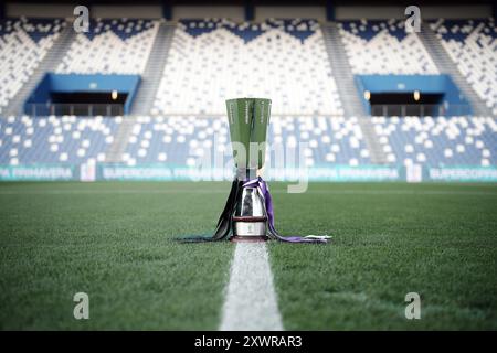 Reggio Emilia, Italien. August 2024. Die Trophäe vor dem Finale des Supercoppa Primavera Fußballspiels zwischen Sassuolo U20 und Fiorentina U20 im Città del Tricolore Stadion in Reggio Emilia, Norditalien - Dienstag, den 20. August 2024. Sport - Fußball . (Foto: Marco Alpozzi/Lapresse) Credit: LaPresse/Alamy Live News Stockfoto
