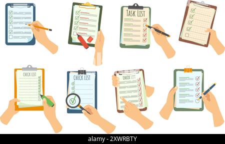 Hand hält die Checkliste in der Zwischenablage. Aufgabeninspektions- oder Anforderungslisten mit einem Häkchen im Kontrollkästchen. Häkchen in der Agenda-Liste, Aufgaben als erledigt markiert Stock Vektor