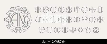 Monogramm-Set mit zwei runden Buchstaben. Elegante Initialen Buchstabenpaare in Kreisform, Retro-Stempel mit Halbkreisbuchstaben. Benutzerdefinierte Schriftart für die persönliche Verwendung Stock Vektor