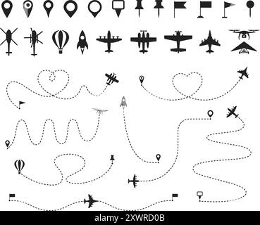 Flugstrecke. Gestrichelte Linienflugzeuge, Helikopter, Ballon, Drohnen und Jet-Kampfflugzeuge. Flugzeugstart, Landepunkt mit Flugzeug, Pin Stock Vektor