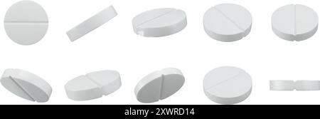 Arzneimittel 3D Tabletten. Weiße Pillen, pharmazeutische Medikamente und runde Tablette in verschiedenen Winkeln für Pharmazie, Medizin und Healthcare Design isoliert Stock Vektor