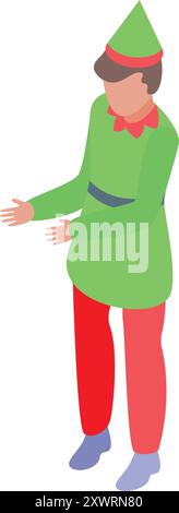 Der Weihnachtself trägt ein grünes Kostüm und einen Hut, steht und zeigt etwas mit seinen Händen Stock Vektor