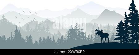 Die Silhouette des Elchs auf dem Hügel. Baum vor, Berge und Wald im Hintergrund. Magische nebelige Landschaft. Abbildung, horizontales Banner. Stock Vektor