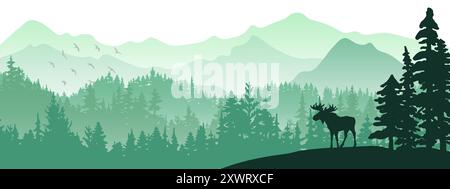 Die Silhouette des Elchs auf dem Hügel. Baum vor, Berge und Wald im Hintergrund. Magische nebelige Landschaft. Abbildung, horizontales Banner. Stock Vektor