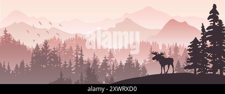 Die Silhouette des Elchs auf dem Hügel. Baum vor, Berge und Wald im Hintergrund. Magische nebelige Landschaft. Abbildung, horizontales Banner. Stock Vektor
