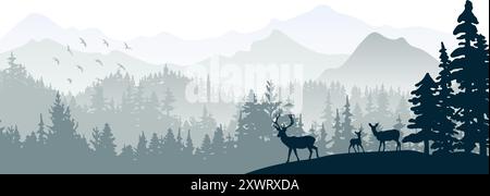 Horizontales Banner. Silhouette von Hirsch, Hirsch, Rehkitz, die auf einem Hügel stehen, Wald und Berge im Hintergrund. Magische Nebellandschaft, Nebel. Graue Abbildung Stock Vektor