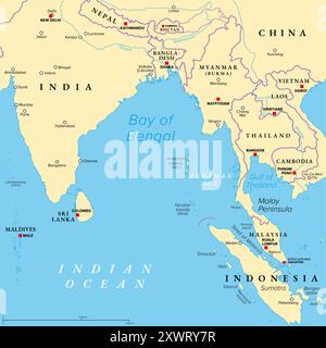 Bucht von Bengalen, politische Karte. Nordöstlicher Teil des Indischen Ozeans und die größte Bucht der Welt, zwischen dem indischen Subkontinent und der indochinesischen Halbinsel. Stockfoto