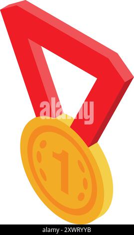 Goldene Medaille mit rotem Band, das Isometrik des ersten Platzes darstellt Stock Vektor