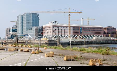 Hamburg, Deutschland. August 2024. Blick vom Baakenhöft über die Norderelbe auf die Baustelle des Westfield Hamburg-Überseequartiers. Die Eröffnung, die ursprünglich für April geplant war, wurde aufgrund von Wasserschäden auf den 17. Oktober verschoben. Quelle: Markus Scholz/dpa/Alamy Live News Stockfoto