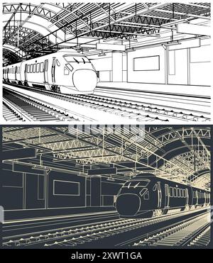 Stilisierte Vektorgrafiken eines Bahnhofs mit Hochgeschwindigkeitszug Stock Vektor