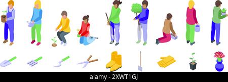Kinderpflege Pflanzen Symbole Set. Gärtner Pflanzen und kultivieren Blumen und Bäume in diesem isometrischen Vektorset Stock Vektor