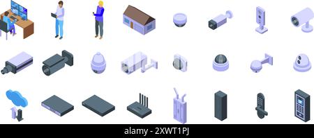 Symbolsatz des Videoüberwachungssystems. Sicherheitssystem, das Gebäude mit modernen Technologien schützt, Überwachungskameras überwacht Stock Vektor