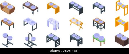 Set mit Symbolen für den Schüsselständer für Haustiere. Verschiedene Varianten von Schüsseln zur Fütterung von Katzen und Hunden auf speziellen Ständen in isometrischer Sicht Stock Vektor