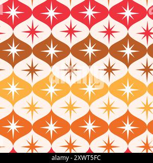 Mid Century Retro Starbursts auf nahtlosem Ogee-Muster in Rot, Orange, Braun und Bernstein. Für Tapeten, Stoff und Wohnkultur Stock Vektor