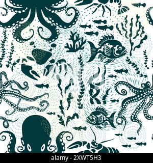 Nahtlose Muster der Meeresbewohner. Handzeichnung. Nicht AI, monochrome flache Vektorillustration Stock Vektor
