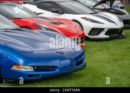 ROYAL OAK, MI/USA - 17. AUGUST 2024: „Patriotische“, rote, weiße und blaue Chevrolet Corvette-Autos auf der Woodward Dream Cruise, in der Nähe von Detroit, Michigan. Stockfoto