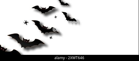 Halloween-Dekorationen mit schwarzer Spinne und Fledermaus auf weißem Hintergrund. Halloween-Party-Konzept Stockfoto