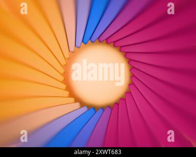 Kreisförmige Anordnung farbenfroher geometrischer Formen. Farbverlauf, Orange, Blau, Malve. Digitales 3D-Rendering. Stockfoto