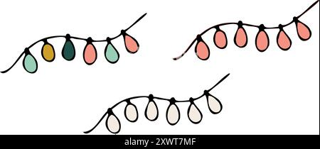 Eine festliche Vektor-Illustration von bunten Lichterketten in einem handgezeichneten Stil, perfekt für Weihnachten und Feiertagsmotive, Dekorationen, Gruß Stock Vektor