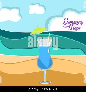 Cocktail Blue Hawaii am Strand in flacher Technik Vektor Illustration Stock Vektor