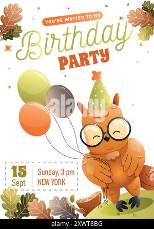 Geburtstagseinladung für Kinder mit einer niedlichen Eule, die festliche Bälle hält, mit Herbstdekor auf weißem Hintergrund. Vektor Stock Vektor
