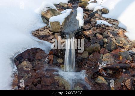 Das Wasser fließt durch einen hölzernen Trog in einer verschneiten Landschaft Stockfoto