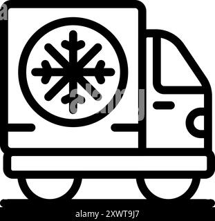 Einfaches Schwarz-weiß-Symbol eines Lieferwagens, der gefrorene Lebensmittel transportiert, um Frische und Qualität durch Kühlkette-Logistik zu gewährleisten Stock Vektor