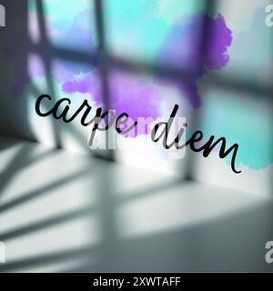 Motivation durch den Satz "Carpe diem" an einer Wand. Lassen Sie die Zeit nicht nutzlos vergehen, sondern nutzen Sie den Tag, um sie mit Bedeutung zu füllen. Version 3. Stockfoto