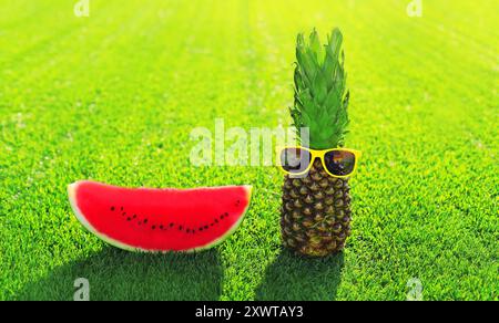 Sommerfrische Scheibe Wassermelone und Ananas mit Sonnenbrille auf dem Grashintergrund Stockfoto