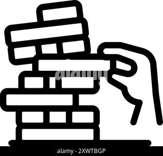 Hand entfernt vorsichtig einen Block von einem hohen Turm aus Holzblöcken und spielt das klassische Jenga-Spiel Stock Vektor