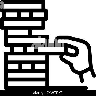 Hand entfernt vorsichtig einen Block von einem hohen Turm aus Holzblöcken, was Strategie und Risiko in einer Spielumgebung darstellt Stock Vektor