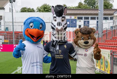 Unterhaching, Deutschland. August 2024. Die Maskottchen. FC Bayern München Frauen vs. Juventus Turin, Fussball, Frauen, Testspiel, Saison 2024/2025, 20.08.2024. (DFL-DFB-VORSCHRIFTEN VERBIETEN JEDE VERWENDUNG VON FOTOGRAFIEN ALS BILDSEQUENZEN UND/ODER QUASI-VIDEO). Foto: Eibner Pressefoto/Heike feiner Credit: dpa/Alamy Live News Stockfoto