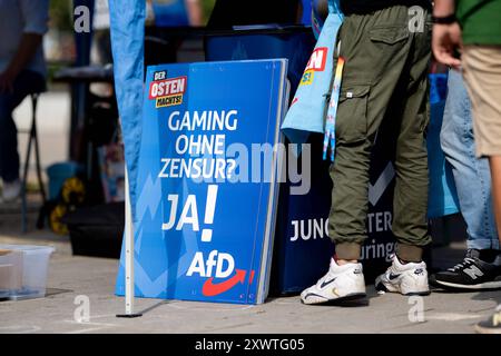 LANDTAGSWAHLKAMPF AFD THÜRINGEN 20/08/2024 - Erfurt: Ein Wahlplakat mit der Aufschrift Gaming ohne ZENSUR ja Landtagswahlkampf der Thüringer AfD mit dem Sommerfest in Erfurt am 20. August 2024. /                     *** LANDTAGSWAHLKAMPF AFD THÜRINGEN 20 08 2024 Erfurt ein Wahlplakat mit der Inschrift Glücksspiel ohne Zensur JA Landwahlkampf der Thüringer AfD mit der Sommerparty in Erfurt am 20. August 2024 Stockfoto