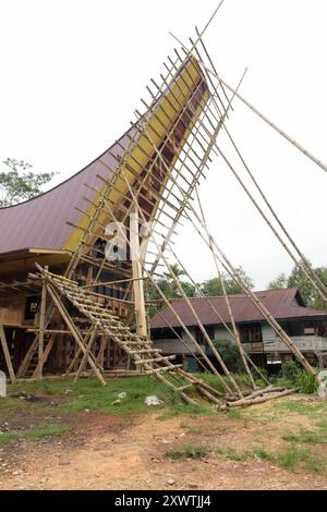 In Sangalla und in dessen Umland gibt es viele kunstvoll errichtetete Reisspeicher der Toraja zu bestaunen. Die traditionellen Reisspeicher werden Alang genannt und stehen auf runden Pfählen. Dagegen stehen die traditionellen Wohnhäuser, die tongkonan genannt werden, auf eckigen Pfählen. Ein typisches Toraja-Dorf besteht aus zwei parallelen Häuserreihen in Ost-West-Richtung. Die Wohnhäuser sehen nach Norden und damit den Göttern entgegen. Ihnen gegenüber stehen die Reisspeicher. Für traditionell denkende Toraja ist der tongkonan viel mehr als ein Schutz vor der Witterung. Ihre Wohnhäuser sind N Stockfoto