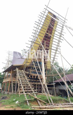 In Sangalla und in dessen Umland gibt es viele kunstvoll errichtetete Reisspeicher der Toraja zu bestaunen. Die traditionellen Reisspeicher werden Alang genannt und stehen auf runden Pfählen. Dagegen stehen die traditionellen Wohnhäuser, die tongkonan genannt werden, auf eckigen Pfählen. Ein typisches Toraja-Dorf besteht aus zwei parallelen Häuserreihen in Ost-West-Richtung. Die Wohnhäuser sehen nach Norden und damit den Göttern entgegen. Ihnen gegenüber stehen die Reisspeicher. Für traditionell denkende Toraja ist der tongkonan viel mehr als ein Schutz vor der Witterung. Ihre Wohnhäuser sind N Stockfoto