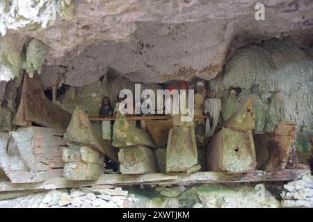 In dieser Höhle wurden schon viele Angehörige der Toraja beerdigt. An den Gräbern werden geschnitzte Holzfiguren aufgestellt, die Verstorbenen symbolisieren. Religion Ihre ursprüngliche Religion bezeichnet man heute als Rituale der Ahnen aluk to dolo. Sie basieren auf den Gegensätzen Leben und Tod, Ost und West, Sonnenaufgang und - untergang. Viele Riten bleiben erhalten, obwohl mit den Holländern auch Missionare kamen. Diese untersagen zum Beispiel alle Bräuche zur Förderung der Fruchtbarkeit, befürworten aber den Totenkult. Das Bestatungsritual aluk rambe matampu gewann dadurch Stockfoto