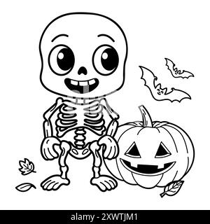 Handgezeichnete Vektor-Illustration zeigt ein glückliches Skelett mit einem Jack-o'-Laterne Kürbis, perfekt für Halloween Designs Stock Vektor
