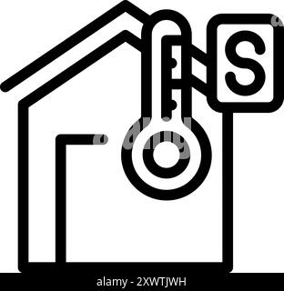 Liniensymbol für ein Haus mit einem Thermometer, das die hohe Temperatur anzeigt, und dem Buchstaben s für die Sommersaison Stock Vektor