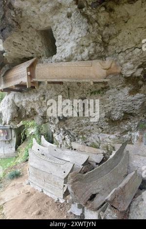 In dieser Höhle sind viele Angehörige der Toraja in Särgen beerdigt worden. Religion Ihre ursprüngliche Religion bezeichnet man heute als Rituale der Ahnen aluk to dolo. Sie basieren auf den Gegensätzen Leben und Tod, Ost und West, Sonnenaufgang und - untergang. Viele Riten bleiben erhalten, obwohl mit den Holländern auch Missionare kamen. Diese untersagen zum Beispiel alle Bräuche zur Förderung der Fruchtbarkeit, befürworten aber den Totenkult. Das Bestatungsritual aluk rambe matampu gewann dadurch in der Gesellschaft der Toraja an Bedeutung. Ihre verstorbenen Familienmitglieder wer Stockfoto