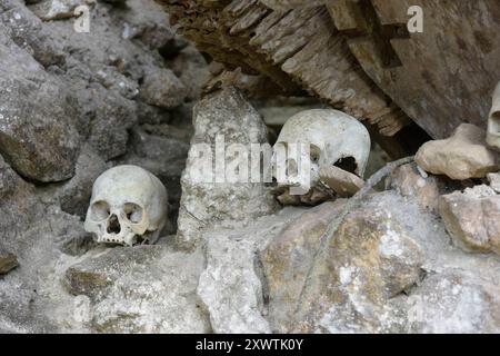 In dieser Höhle sind viele Angehörige der Toraja in Särgen beerdigt worden. Weil ihr Sarg im Laufe der Jahrhunderte verrottete sind von vielen Verstorbenen nur noch der Totenschädel vorhanden. Religion Ihre ursprüngliche Religion bezeichnet man heute als Rituale der Ahnen aluk to dolo. Sie basieren auf den Gegensätzen Leben und Tod, Ost und West, Sonnenaufgang und - untergang. Viele Riten bleiben erhalten, obwohl mit den Holländern auch Missionare kamen. Diese untersagen zum Beispiel alle Bräuche zur Förderung der Fruchtbarkeit, befürworten aber den Totenkult. Das Bestatungsritual Alu Stockfoto