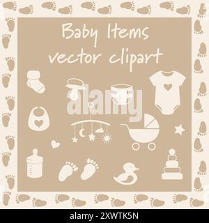 Babyartikel Vektor Clipart Set, geschlechtsneutral Neugeborene Babyzubehör, Ikonen von Babysachen. Vektorabbildung Stock Vektor