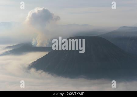 Links ist der Bromo rauchender Krater / Höhe: 2,329 Meter und rechts der Batok zu sehen. Der Nationalpark Bromo-Tengger-Semeru besteht seit 1982. Der mittlere Teil des Namens verweist auf das hier lebende Volk der Tengger. Zum Nationalpark gehören der 3676 m hohe Stratovulkan Semeru, der höchste Berg der Insel, sowie vier in der Tengger-Caldera liegende Vulkane, deren Bekanntester der Bromo ist. Die Caldera wird vom Tengger-Sandmeer malaiisch: Laut Pasir Tengger ausgefüllt. Vier gesehen und etwa 50 Flüsse liegen auf dem Gelände. Bereits seit 1919 steht das Sandmeer unter besonderem Schutz. *** Ein Stockfoto